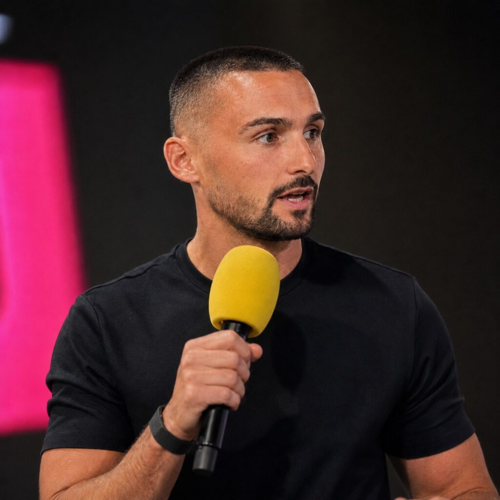 Josh Peacock, CEO and founder of Search For Hire, speaking on stage